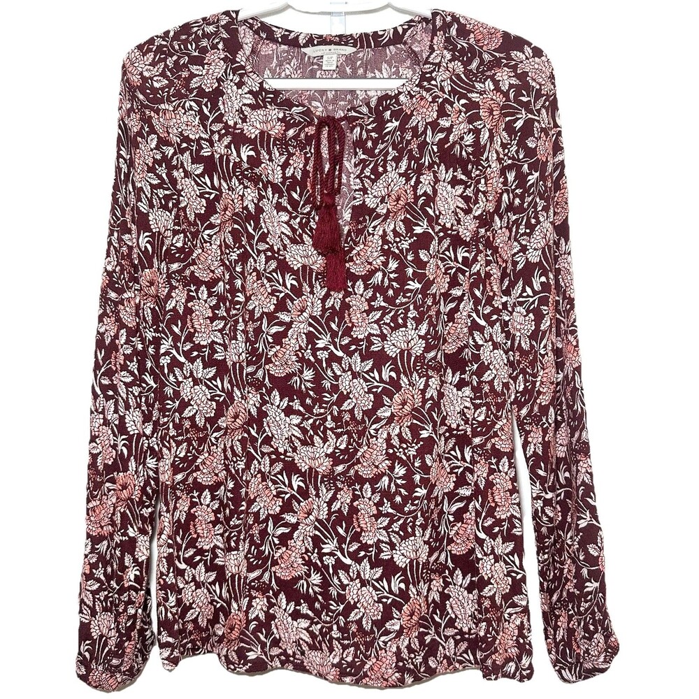 Lucky Brand Boho Floral Blouse Small Burgundy Tassel Tie Peasant Top Viscose